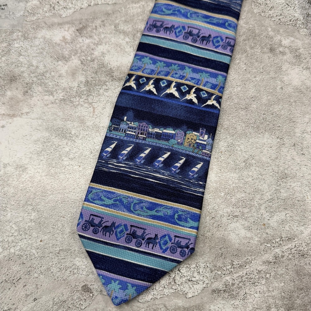 English Sports Shop 100% Silk Tie One Size Blue Striped Made‎ In Italy Necktie